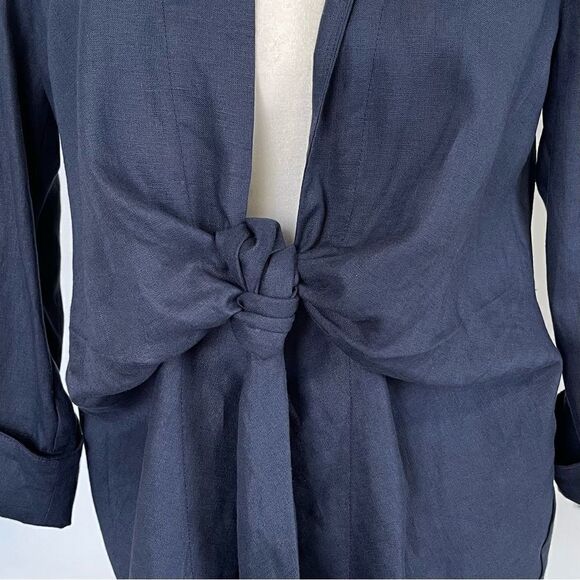 NWT Neiman Marcus Tie Front Collared Linen Jacket Blouse (Navy) - Small - Picture 6 of 11